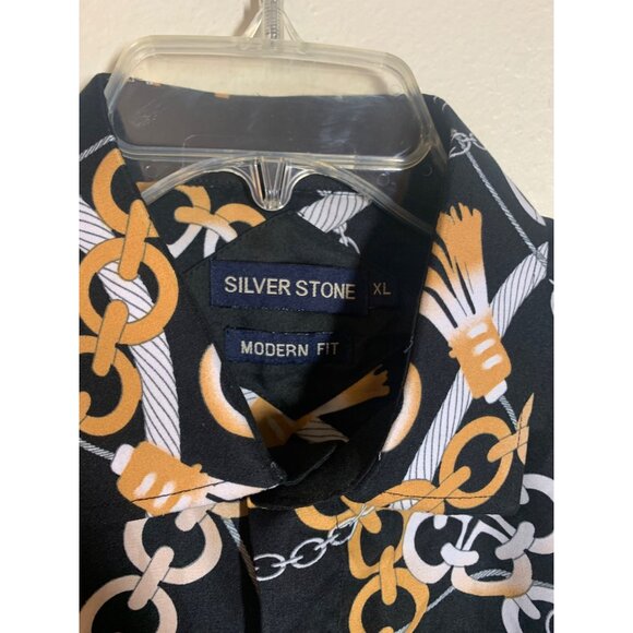 Silver Stone Button Down Dress Shirt Chain Print Business Casual Black Size XL - Picture 4 of 5